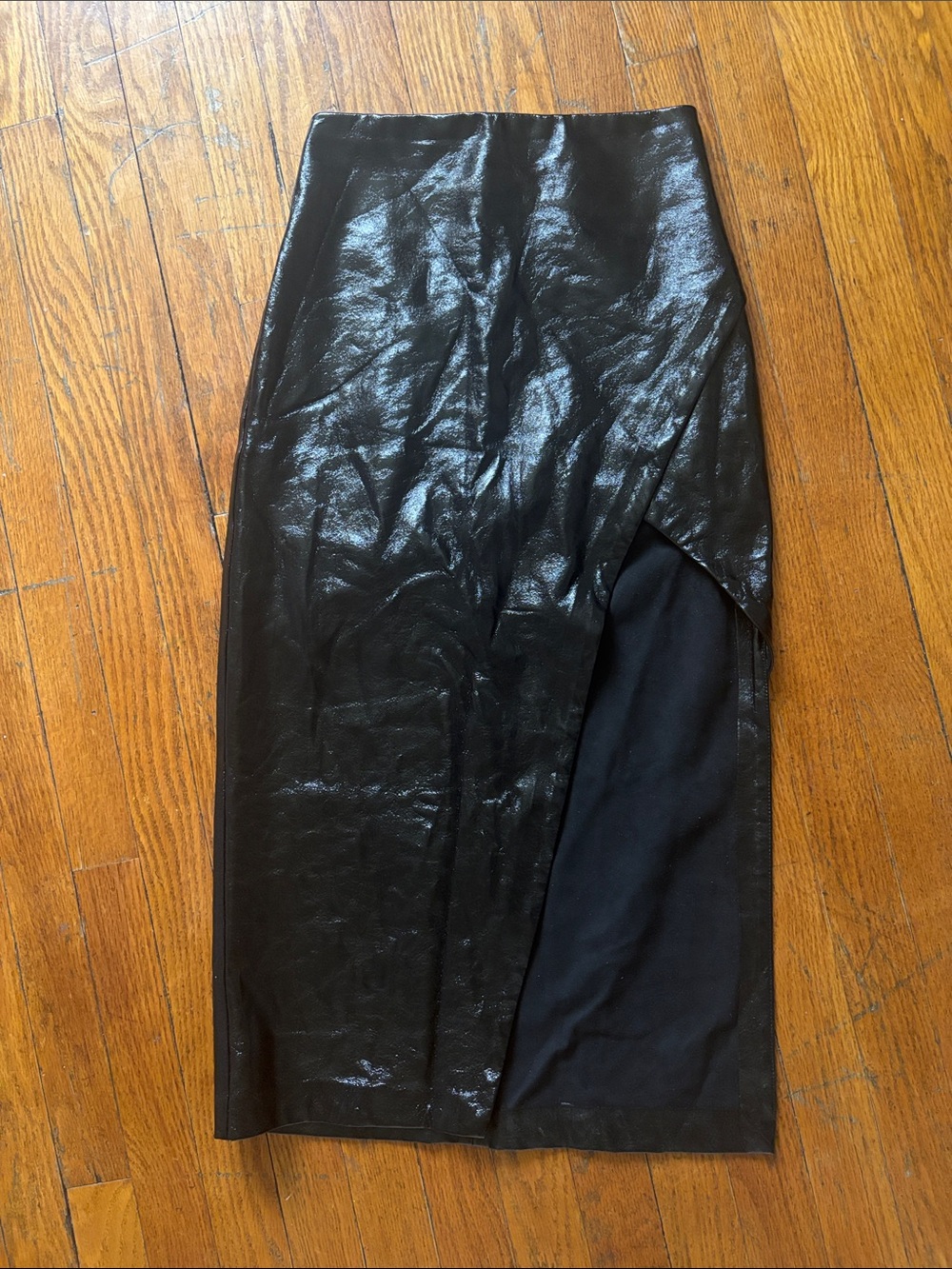 Black Faux Leather Wrap Midi Skirt